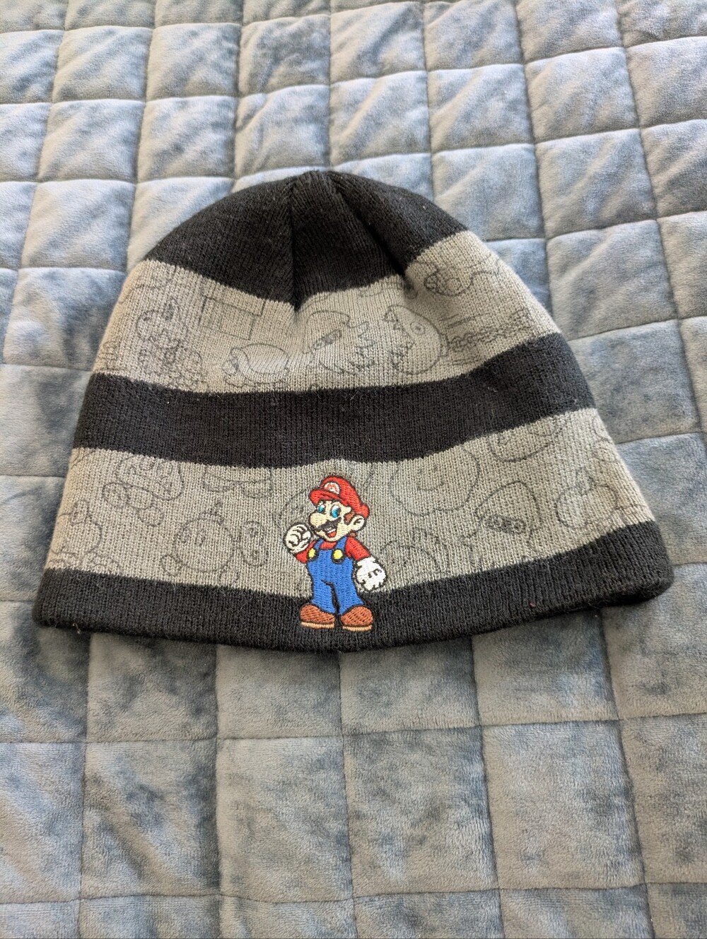 Super Mario Kids Black and Gray Striped Beanie with Mario Patch